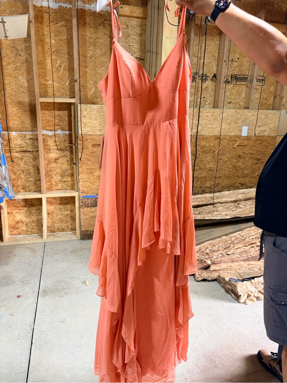 Azazie Coral-Orange High-Low Ruffle Spaghetti-Strap Dress